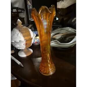 Antique Imperial Marigold Carnival Glass Swung Vase With Ripple Effect...